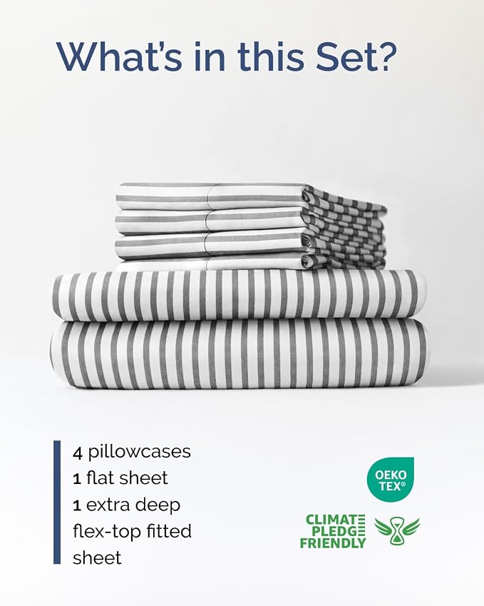 Extra Deep Flex Top Split Head King Sheet Set - 6 Piece Breathable and Cooling Sheets - Hotel Luxury Bedding for Women, Men, Kids & Teens - Easy Secure Fit - Extra Deep Pockets - Grey Stripes 2
