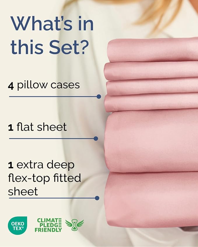 Extra Deep Flex Top Split Head King Sheet Set - 6 Piece Breathable and Cooling Sheets - Hotel Luxury Bedding for Women, Men, Kids & Teens - Easy Secure Fit - Extra Deep Pockets - Baby Pink
