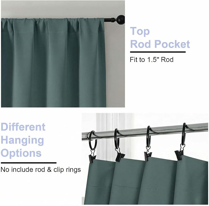 Simplebrand Ava Dark Green Blackout Curtains for Bedroom 63 Inch Length 2 Panels Set, Privacy Thermal Insulated Rod Pocket Door Window Curtains for Patio French Door Front Door, W40 x L63 Inch