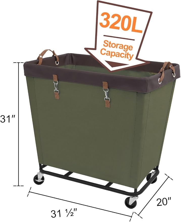 StorageWorks 320L Laundry Basket with Wheels, Rolling Hampers for Clothing | Extra Large Green Laundry Basket with Wheels, Metal Frame & Handles, Hamper for Bedroom, Bathroom, Hotel