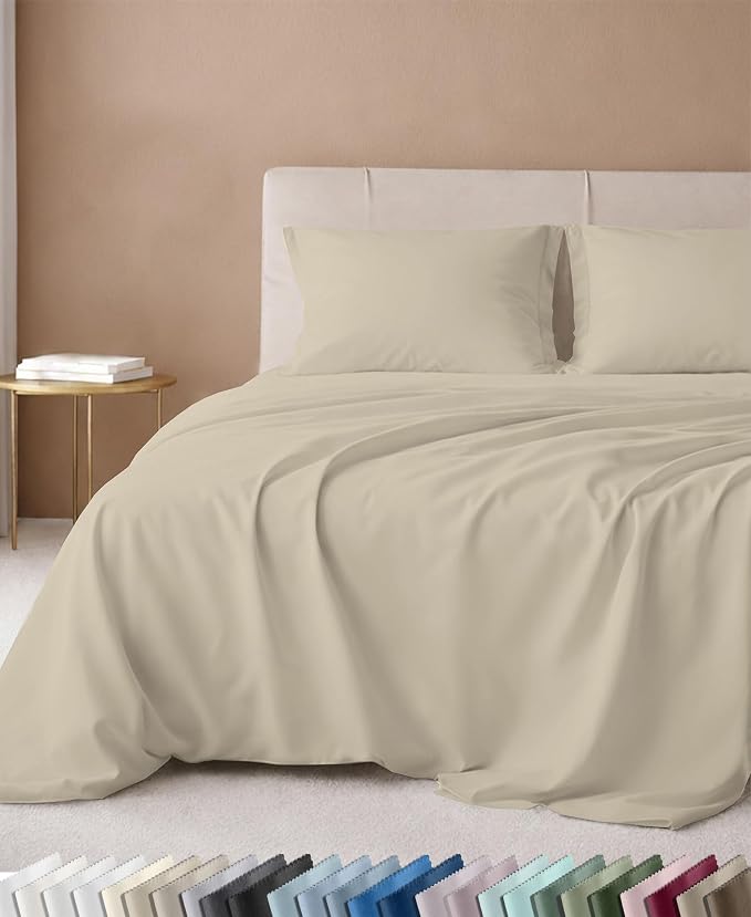 California Design Den Luxury 600 Thread Count Cotton Queen Sheet Set, Beige | 100% Cotton Sateen Backed by Good Housekeeping Seal, Soft & Smooth, 16" Deep Pocket, All-Around Elastic, Durable, Easy Care