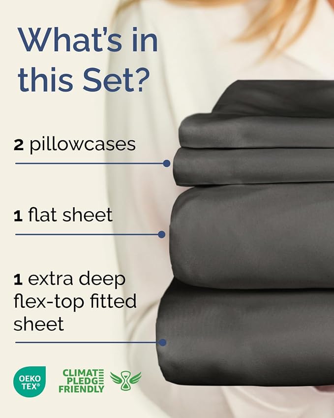 Flex Top Split Head King Sheet Set - 4 Piece Extra Deep Sheets - Charcoal | Easily Fits 18 to 24 inch Mattress, Ultra Soft, Wrinkle & Fade Free with Extra Deep Pockets, Comfy Hotel Luxury Bedding
