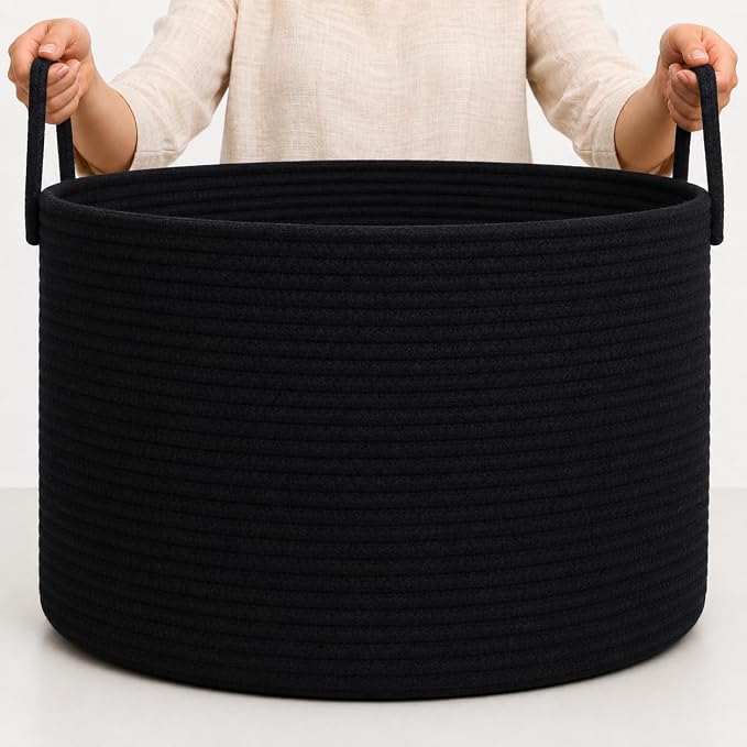 OrganiHaus Round Toy Basket & Blanket Basket, Cotton Rope 20x13" | Full Black - Round Cotton Rope Basket, 20x13"