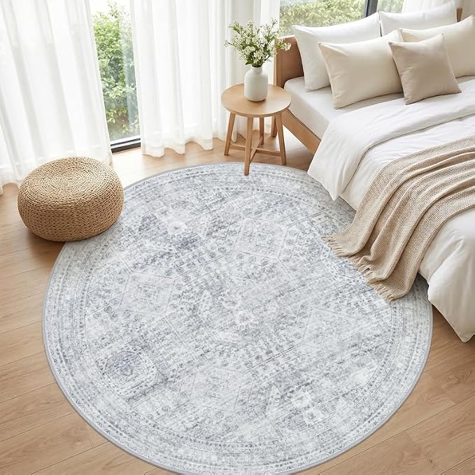 Round Area Rug Living Room: 6ft Neutral Washable Carpet Rug Gray | Vintage Boho Circle Soft Large Circular Carpet Bedroom Nursery Farmhouse Dining Room Indoor Decor Floor Non-Slip Under Table