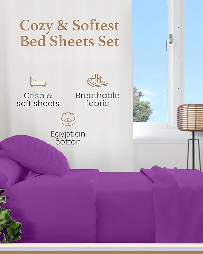 Good Sleep Bedding 100% Egyptian Cotton Twin Sheet Set, 4 Piece, Silky Sateen Weave Twin Bed Sheet Set, Ultra-Soft & Durable Hotel Luxury, 16 Inch Deep Pocket Twin Size Bed Sheets - Purple