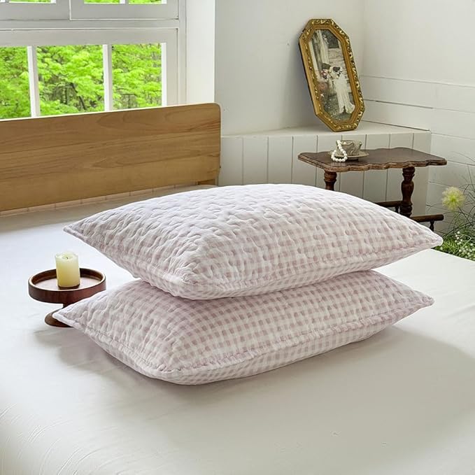 NSNLGSGC Pink Gingham Twin Summer Bedspread Quilt Set | Pre-washed Microfiber,Lightweight Checked Grid Bedding Coverlets for All Seasons