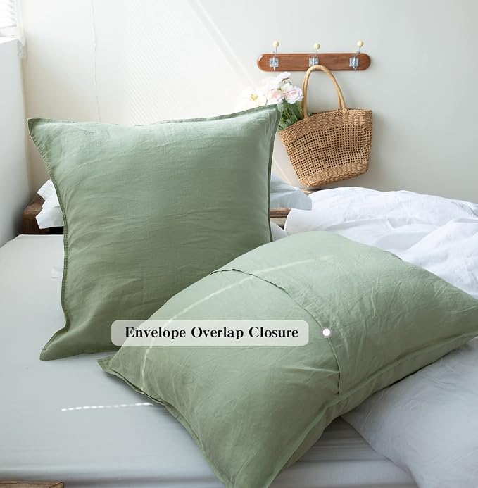 Simple&Opulence 100% Washed Linen Euro Shams 26'' x 26'' Pack of 2, Basic Style Solid Color Natural Flax Farmhouse Decorative Square Throw Pillow Covers for Bed Couch Sofa - Sage Green