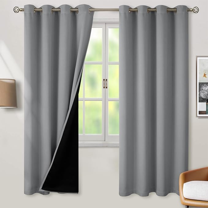 BGment Thermal Insulated 100% Blackout Curtains 72 Inch Length 2 Panels, Total Light Blocking Curtains for Bedroom, Grommet Window Drapes with Thick Black Liner, 52 Inch Wide Each Panel, Dove Grey