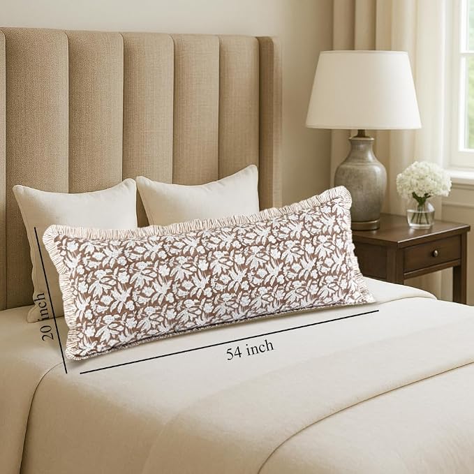 Ridhi Block Print Oak Brown Ruffle Lumbar Pillow Shams, 54" x 20" Set-1 | 100% cotton, Floral Pillowcase, Cushion Cover, Hidden Zipper, Cottagecore Bedding, farmhouse boho style, fits couch, sofa,Bed