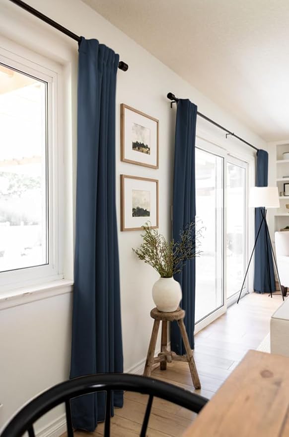 Linen Textured Total Blackout Curtains for Bedroom 90 Inches Long, Navy | 100% Blackout Shield, Back Tab/Rod Pocket Living Room Drapes, Thermal Insulated Blackout Curtains 2 Panels Set, 50"W x 90"L