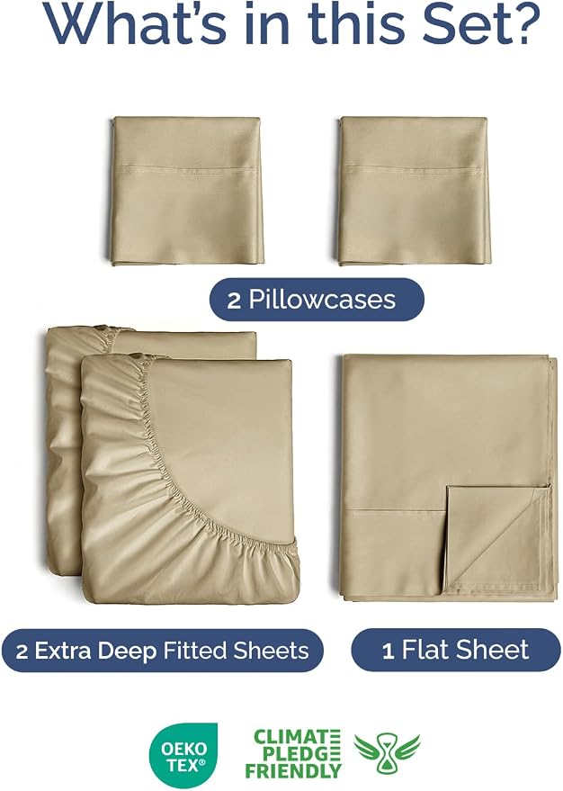 Extra Deep Split King Sheet Set - 5 Piece Breathable Cooling Sheets - Beige | Easily Fits 18 to 24 inch Mattress - Ultra Soft, Wrinkle & Fade Free with Extra Deep Pockets - Comfy Hotel Luxury Bedding