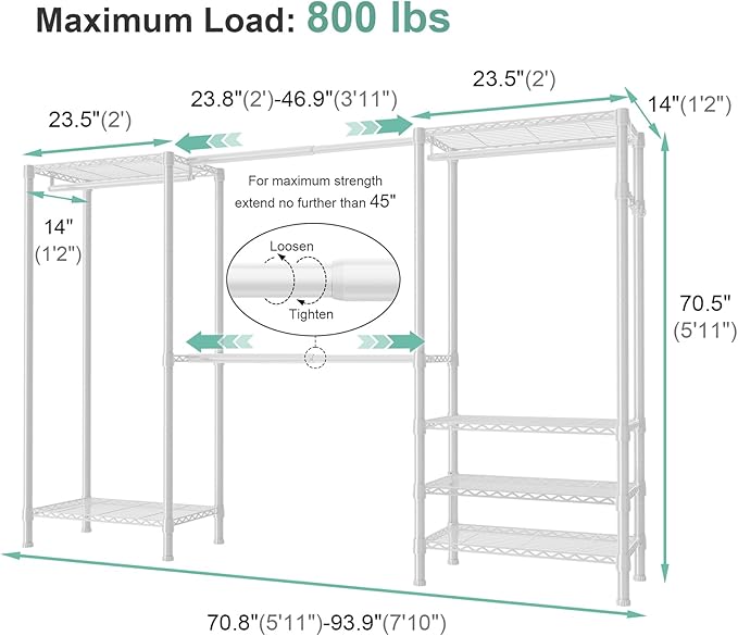 SEMHOR E06 Expandable Heavy Duty Clothes Rack for Reach-in Closet | Freestanding Clothing Racks with Shelves, Carbon Steel Closet Organizer System Adjustable 70.8-93.9", Max Load 800LBS, White