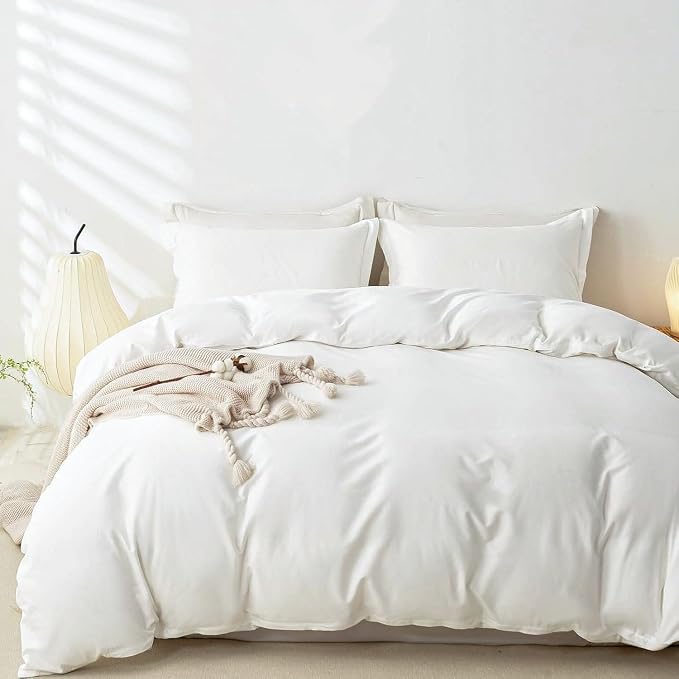 OAITE Duvet Cover Set 100% Washed Cotton Solid 3pcs | Soft,Durable,Long-staple Cotton,Hidden Zipper with 8 Interior Corner Ties,2 Pillowcases