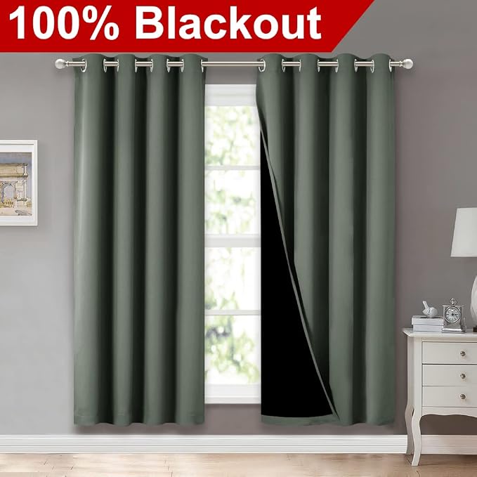 NICETOWN Dark Mallard Blackout Curtains for Nursery 52" w x 72" L 2 Panels | 100% Room Darkening Full Light Blocking Drapes with Black Liner, Thermal Insulated Draperies Window Decor for Bedroom Kitchen