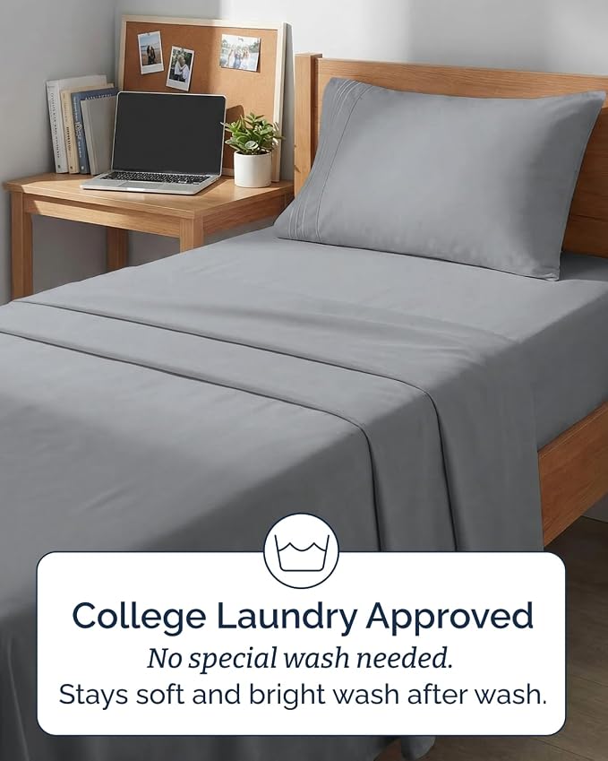 Twin XL 3 Piece Sheet Set - College Dorm Room Essentials - Steel Blue | Deep Pocket Bed Sheets for Women, Men, Teens & Students, Soft, Cooling, Breathable & Wrinkle Free, Oeko-Tex Bed Sheet Set