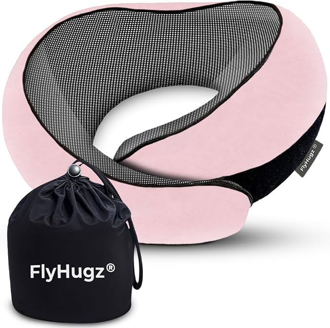 FlyHugz® Neck Travel Pillow Memory Foam Neck Pillow for Comfort on Airplane Compact and Ergonomic Design for Travel, Car Rides, and Home Use Ideal for Adults and Kids. (Pink)