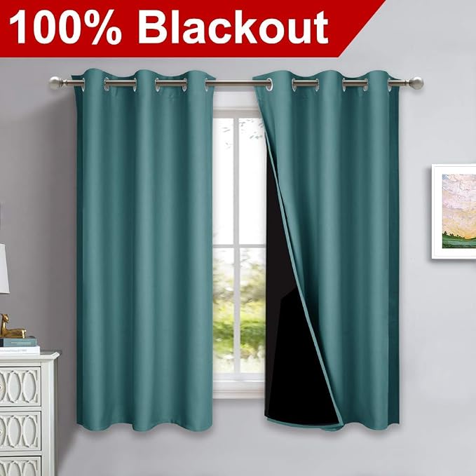 NICETOWN 100% Blackout Curtains 54 inches Long, Sea Teal, 1 Pair, 42 inches Width Each Panel, Double-Deck Completely Blackout Window Treatment Thermal Insulated Lined Drapes for Small Window