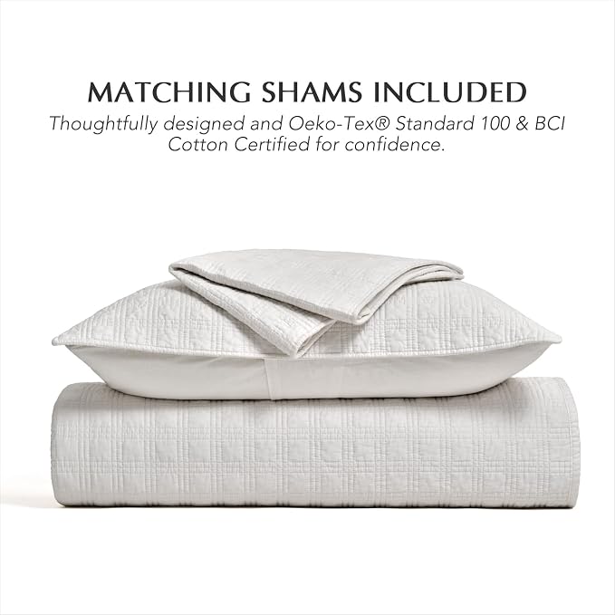 EVERGRACEHOME Cotton Sateen Windowpane Quilt Set King Size, Bright White | 100% Cotton, Pre-Washed Soft Coverlet Bedspread, 3-Piece Lightweight Bedding Set for All Season, with 2 Pillow Shams