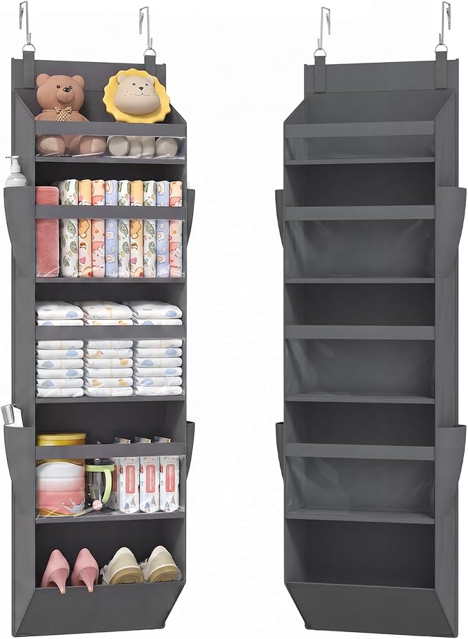 Lifewit 1 Pack Over the Door Organizer, 5 Section Clear Window Hanging Storage with 4 Side Pockets, Sturdy Anti Tilt 40 lbs Load Behind Door for Closet, Bedroom, Bathroom, Nursery, Dorm, Dark Gray