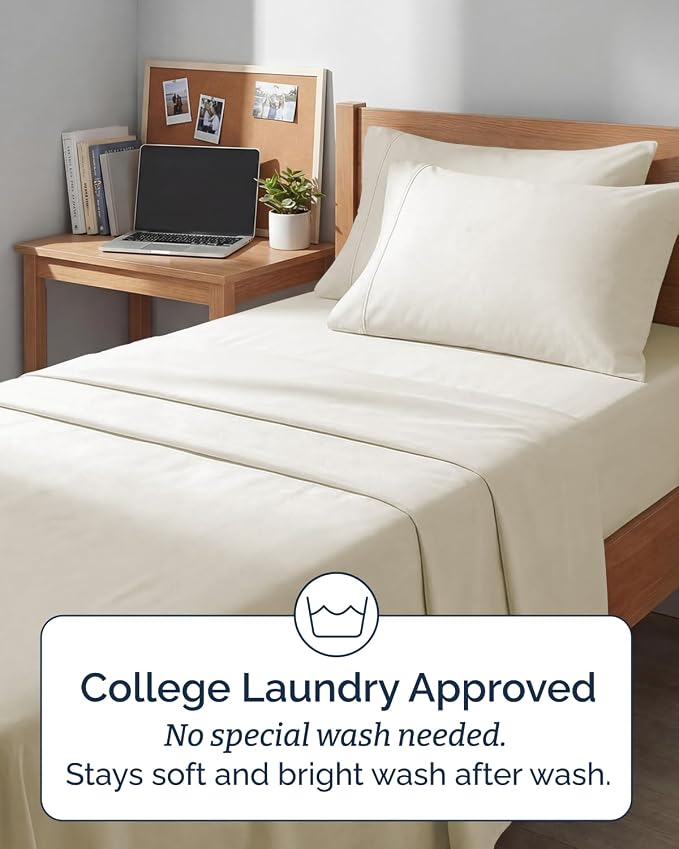 Extra Deep Twin XL Sheet Set - 4 Piece College Dorm Room - Off White | College Dorm Room Essentials, Easy & Secure Fit, Ultra-Soft, Wrinkle & Fade Free, Comfy Sheets Set with Extra Deep Pockets