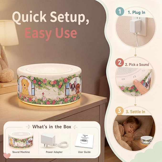 Kipcush White Noise Machine for Baby & Adults, Sleep Sound Machine with 30 Soothing Sounds, 8-Color Night Light, Memory Function, White Noise for Sleeping, Nursery, Office, Travel, Relaxation