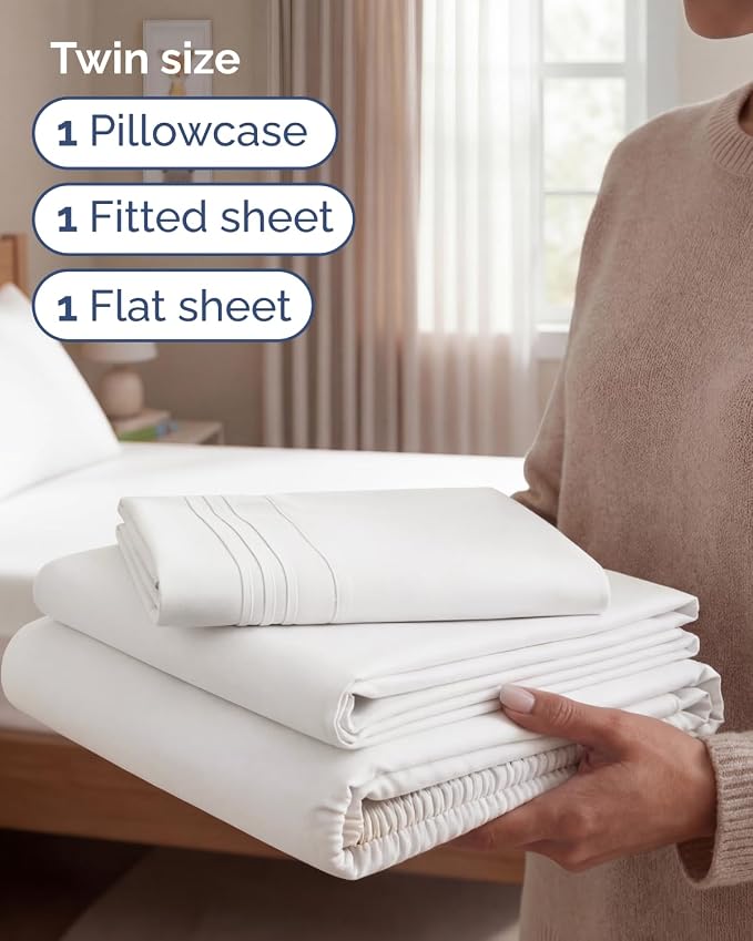Twin Size 3 Piece Sheet Set - Breathable & Cooling Sheets - Antique White | Hotel Luxury Bed Sheets for Women & Men, Deep Pockets, Easy-Fit, Extra Soft and Wrinkle Free Sheets, Oeko-Tex Bed Sheet Set