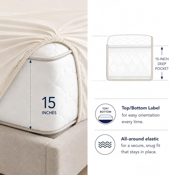 Egyptian Cotton King Size Sheets Set, Sateen Weave King Sheets Set - Ivory | 15" Deep Pocket Sheet & Pillowcases, 800 Thread Count, 4-Piece, Silky Soft & Naturally Cooling, OEKO-TEX Certified Bedding