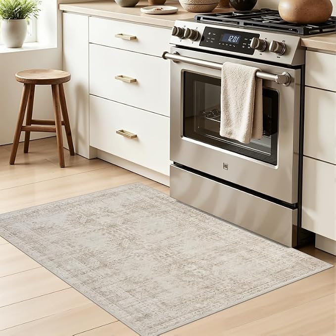 Washable Area Rugs 2x3: Neutral Living Room Bedroom Carpet Brown | Vintage Boho Soft Small Indoor Decor Floor Non-Slip Low Pile Neutral Farmhouse Entryway Laundry Bathroom Bedroom Beside Rugs