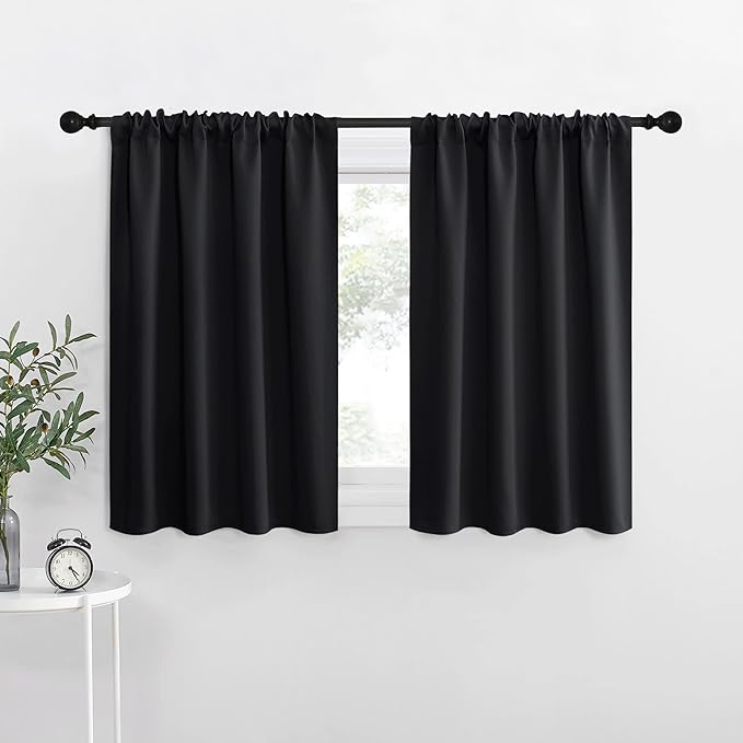 NICETOWN Black Blackout Curtains for Kitchen 34" Wide x 30" Long 2 Panels | Energy Smart Decoration Thermal Insulating Light Blocking Drapes Draperies for RV Bunk Bedroom Living Room Small Window Decor