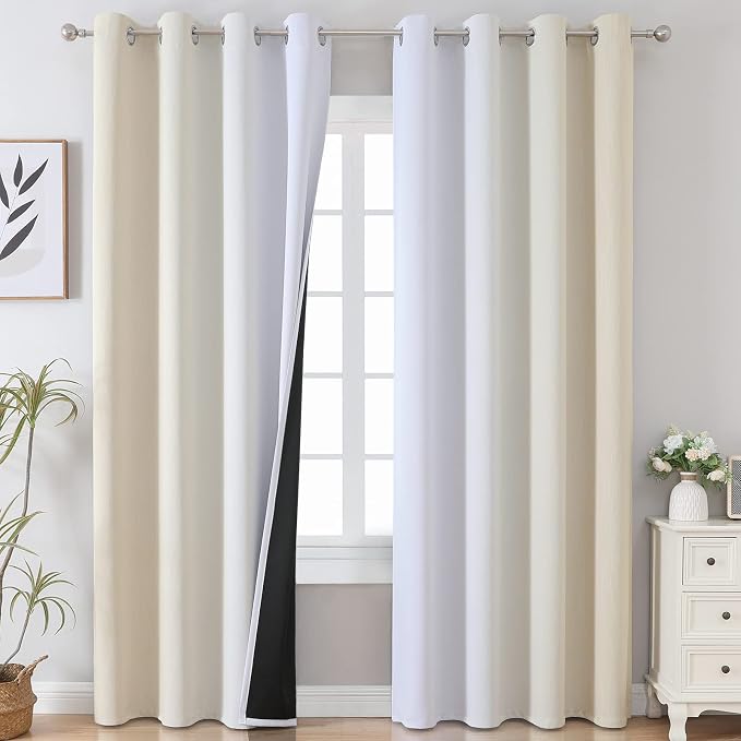 Beige and Greyish White Ombre Blackout Curtains Living Room 90 Inches Long | Estelar Textiler Thermal Insulated Curtains for Bedroom, Room Darkening,Energy Saving,Grommet Window Drapes,52Wx90L,2 Panels