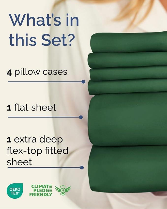 Extra Deep Flex Top Split Head King Sheet Set - 6 Piece Breathable and Cooling Sheets - Hotel Luxury Bedding for Women, Men, Kids & Teens - Easy Secure Fit - Extra Deep Pockets - Emerald Green