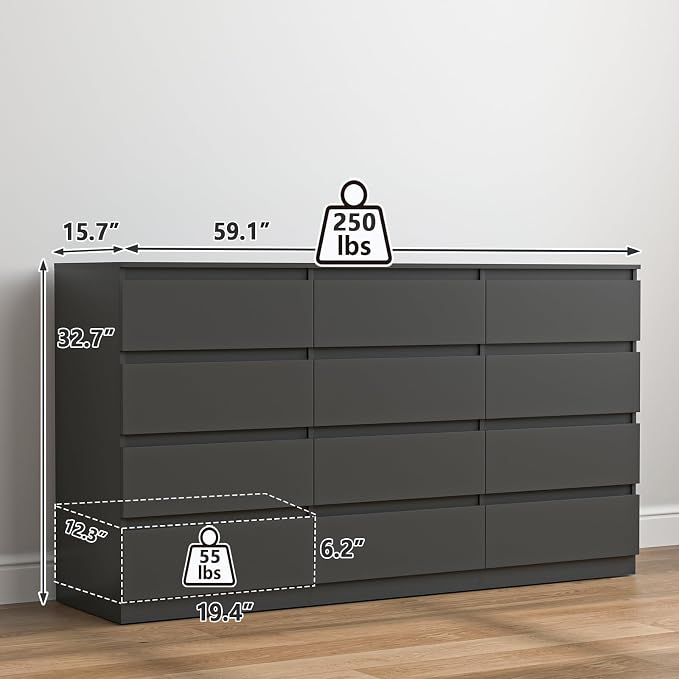 Vibe & Dine Black Dresser 12 Drawer, Modern Long Dresser for Bedroom, Wood Chest of Drawers with Wide Storage for Living Room