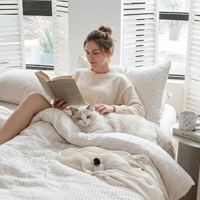 Simple&Opulence 100% Linen Duvet Cover Set 3pcs Yarn Dyed Vertical Pinstripe Ticking Pattern Natural French Washed Flax Breathable Farmhouse Bedding - Grey Stripe, King Size