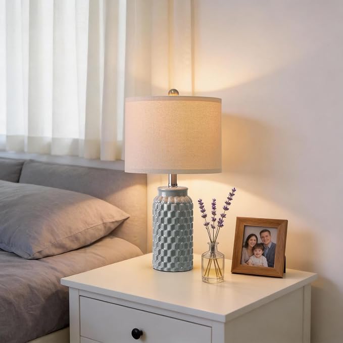 USumkky 20.5" Ceramic Table Lamps Set of 2, Modern Farmhouse Boho Bedside Lamps for Bedroom, Nightstand Lamps for Living Room End Tables, Small Desk Lamps, Grey