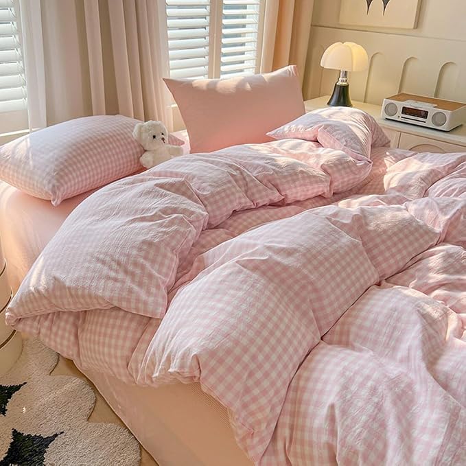 Nayoroom Gingham Duvet Cover Set Queen Pink White Plaid Checkered Bedding | Soft Breathable Washed Microfiber, All-Season Comfort, Hidden Zipper, 4 Corner Ties, Coquette Modern Farmhouse, Dorm Bedding
