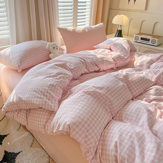 Nayoroom Gingham Duvet Cover Set Twin Pink White Plaid Checkered Bedding | Coquette Modern Farmhouse, Dorm Bedding, Soft Breathable Washed Microfiber, All-Season Comfort, Hidden Zipper, 4 Corner Ties