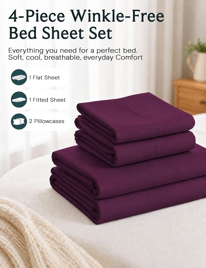 LuxClub California King Sheets Sets, Deep Pocket Cal King Sheet Bed Sheets 4PC, Cooling Sheet Cal King Size, Soft Breathable Hotel Bedding, Silky Fitted Sheet & Pillowcase Sets, Eggplant | LuxClub Silky Fitted Sheet & Pillowcase Sets, Breathable Hotel ...
