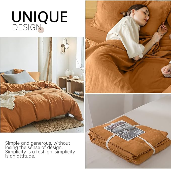 Simple&Opulence 100% Linen Duvet Cover Set 3pcs Basic Style Natural French Washed Flax Solid Color Soft Breathable Farmhouse Bedding with Button Closure - Rust, Full
