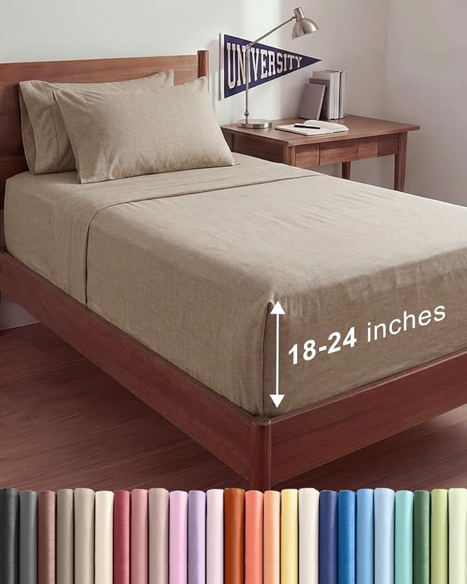 Extra Deep Twin XL Sheet Set - 4 Piece College Dorm Room - Heathered Beige | College Dorm Room Essentials, Easy & Secure Fit, Ultra-Soft, Wrinkle & Fade Free, Comfy Sheets Set with Extra Deep Pockets