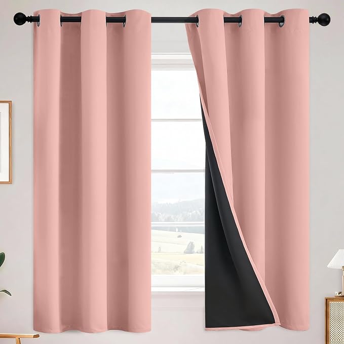 SimpleHome Peach Pink 100% Blackout Curtains Room Darkening Living Room 63 | Curtains for Bedroom,Thermal Insulated Grommet Window Drapes,Curtains for Living Room with Black Back,38 x 63 Inch,2 Panels