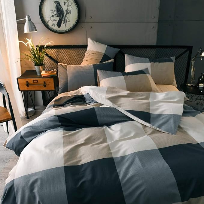 Twin XL Comforter Set Modern Style Plaid Comforter Set Men Boys Geometric Checkered Plaid Printed Bedding Comforter Soft Fluffy Bedding Set for All Seasons Checkered Pattern Comforter Twin XL Size