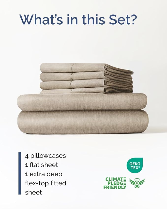 Extra Deep Flex Top Split Head King Sheet Set - 6 Piece Breathable and Cooling Sheets - Hotel Luxury Bedding for Women, Men, Kids & Teens - Easy Secure Fit - Extra Deep Pockets - Heathered Beige