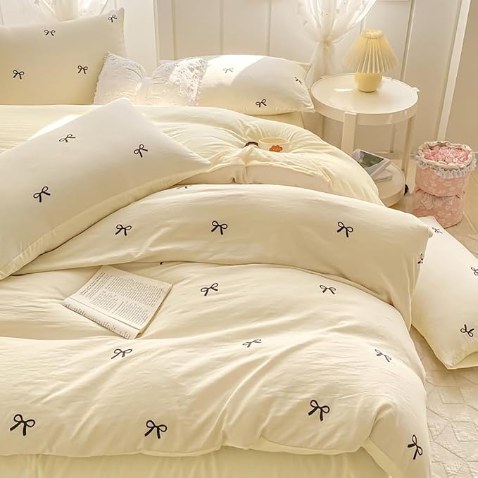 Nayoroom Bow Duvet Cover Queen Size Reversible Aesthetic Duvet Cover 3 Pieces Soft Lightweight Microfiber Kids Girls Cute Dorm Bedding Set, White/Yellow