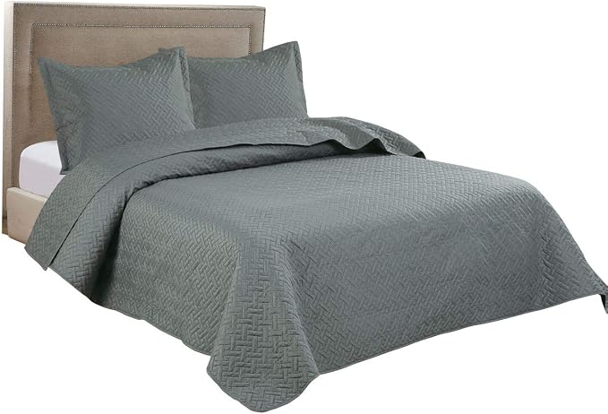 Legacy Decor 3 PCS Squared Stitched Pinsonic Reversible All Season Bedspread Quilt Coverlet Oversized, Queen Size, Grey Color