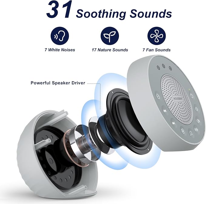 HOUSBAY Sound Machine White Noise for Sleeping, Gray | 31 Soothing Sounds, 5W Loud Stereo Sound, Auto-Off Timer, Adjustable Volume, Sleep Machine & Noise Canceling for Relaxation