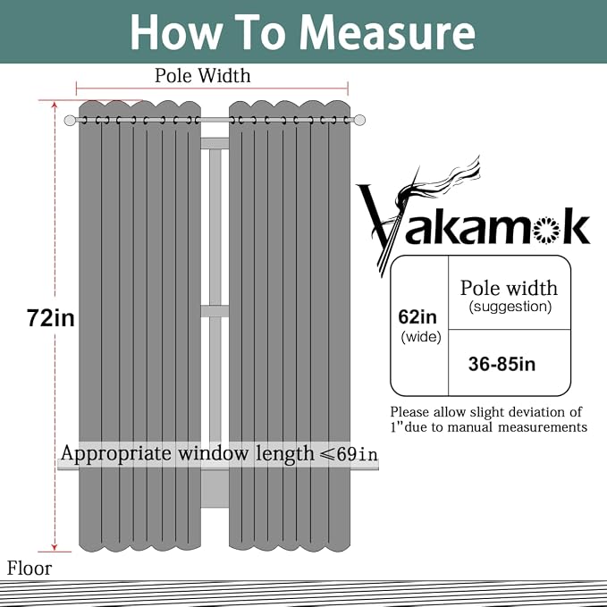 Yakamok Grey Room Darkening Curtains 62x72 inch Gray Grommet-Living Room | 2 panels,blackout window treatment,thermal insulated,light blocking drapes,privacy protection,bedroom study dining room