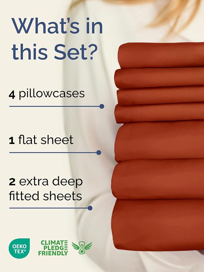 Extra Deep Split King Sheet Set - 7 Piece Breathable & Cooling - Terracotta | Hotel Luxury Bed Sheets Set, Easy & Secure Fit, Ultra-Soft, Wrinkle & Fade Free, Comfy Sheets Set with Extra Deep Pockets