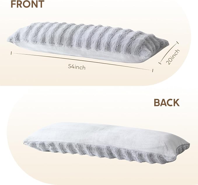 DOWNCOOL Premium Large Body Pillow Insert with Faux Rabbit Fur Cover - Large Full Body Pillows for Adults - Soft Long Bed Pillows for Side Sleepers - 20x54 inch (Grey, with Cover)