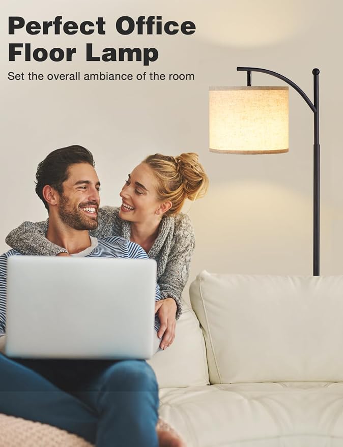 60" Modern Floor Lamp with Beige Shade, 9W LED Bulb | 3 Color Temperatures Bulb, Adjustable Linen Shade, Standing Lamps for Living Room Bedroom Office Classroom Dorm, Black Pole
