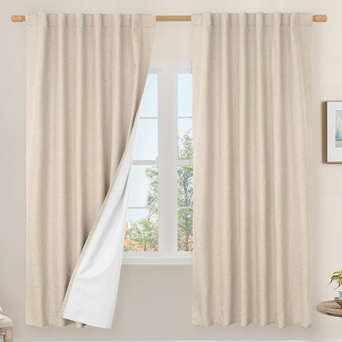 72 Inches 100% Blackout Natural Linen Curtains for Living Room, Linen | Thermal Bedroom Curtains, Privacy, Room Darkening Drapes, Rod Pocket Back Tab, with White Liner, 2 Panels, 52 x 72 Inch